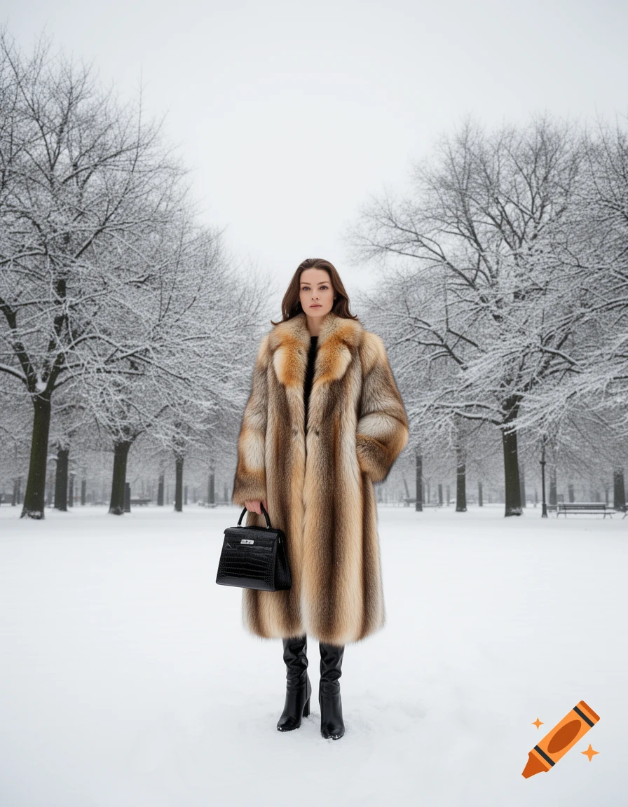 A woman in a long, multi-toned fur coat, black boots, and a black handbag stands in a snowy park with trees.