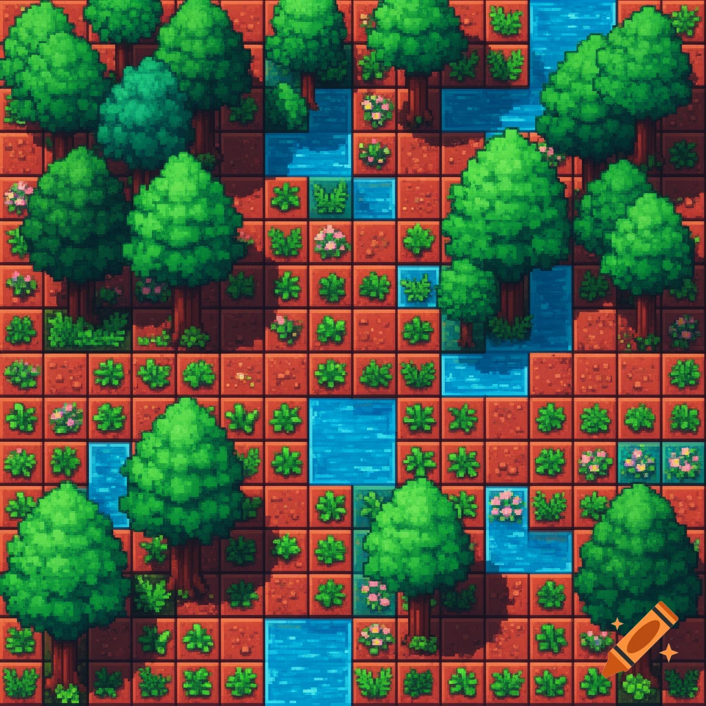 Overhead pixel-art landscape with green trees, plants, blue water, and brown soil arranged in a grid pattern.