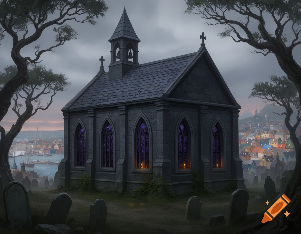 A dark, gothic temple with purple stained glass windows stands in an old graveyard with gnarled trees, overlooking a vibrant, colorful coastal city at dusk, digital painting.