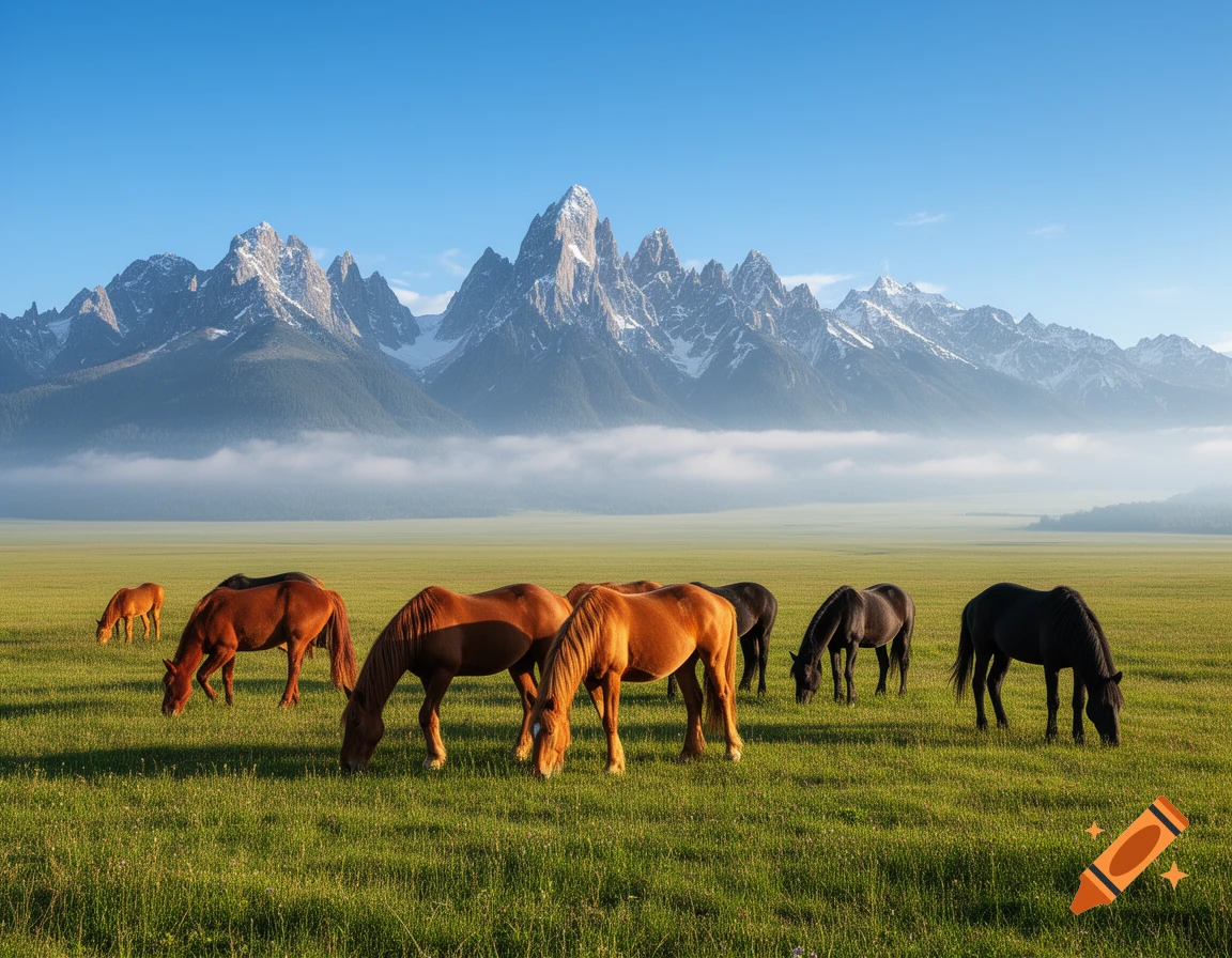 Horses graze in a sunlit green field with majestic snow-capped mountains and low clouds in the background.