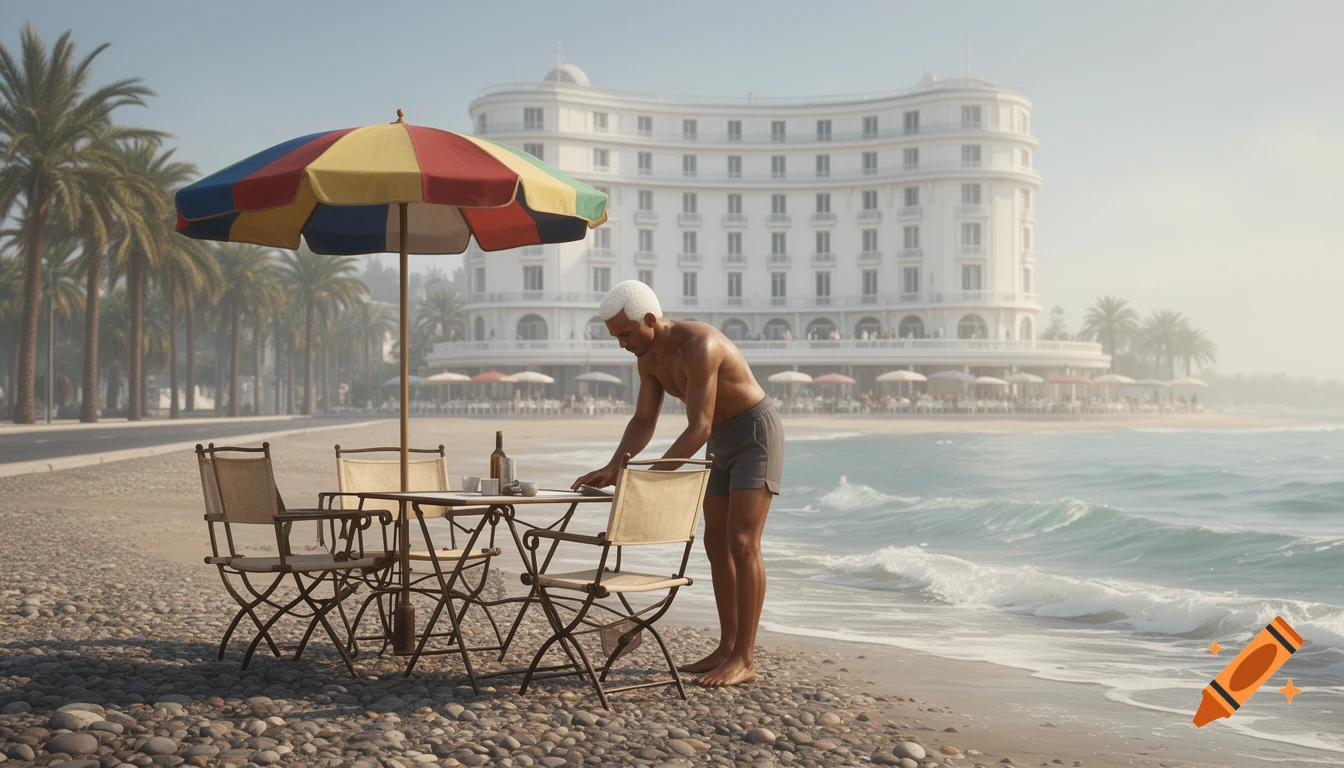 A man sets up a table and chairs on a pebbly beach with waves, palm trees, and a grand white hotel in the background.