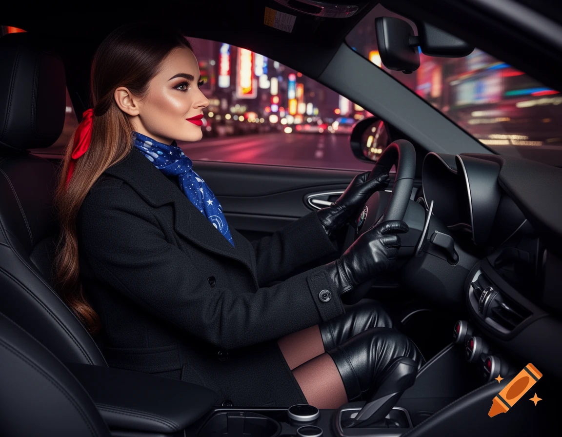 A woman in a black coat, blue scarf, and leather gloves drives an Alfa Romeo Giulia through a neon-lit city at night.