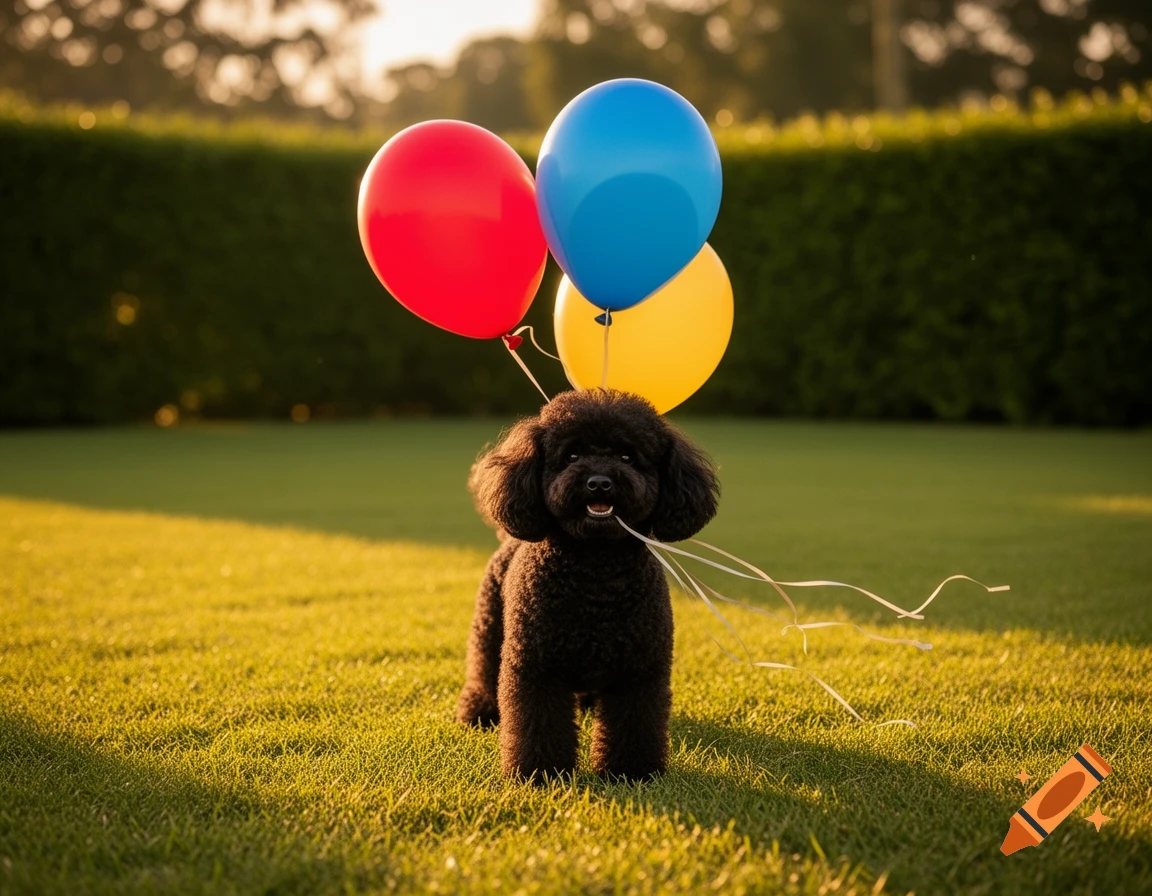 A fluffy black poodle stands in a sunny grassy field with red, blue, and yellow balloons floating above its head, held by strings.