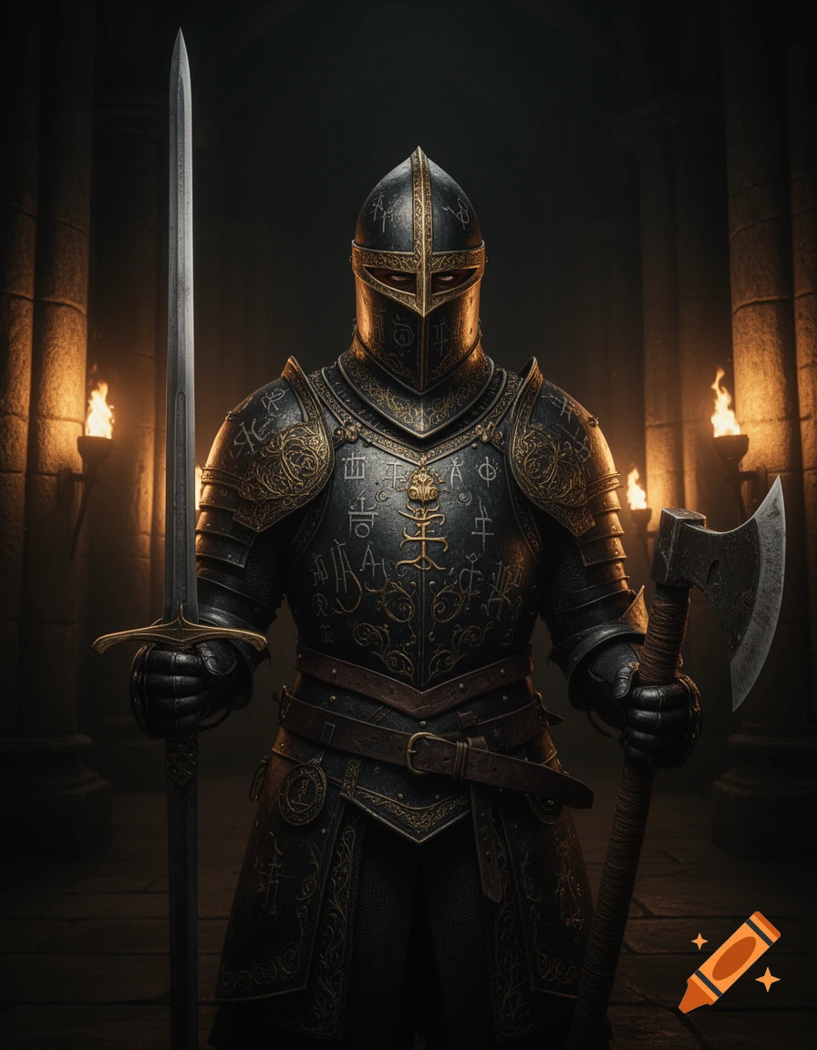 A dark fantasy knight, clad in ornate, dark Barbute-style armor, holding a long sword and a double-edged axe. The armor features decorative, unreadable symbols, and torches illuminate the dark background.