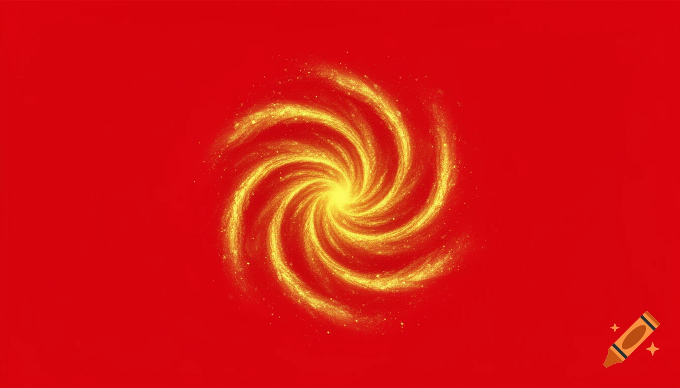 A stylized yellow spiral galaxy with five arms centered on a solid red background.
