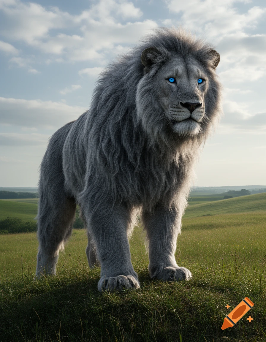 A majestic white lion with piercing blue eyes stands on a green hill under a cloudy sky.