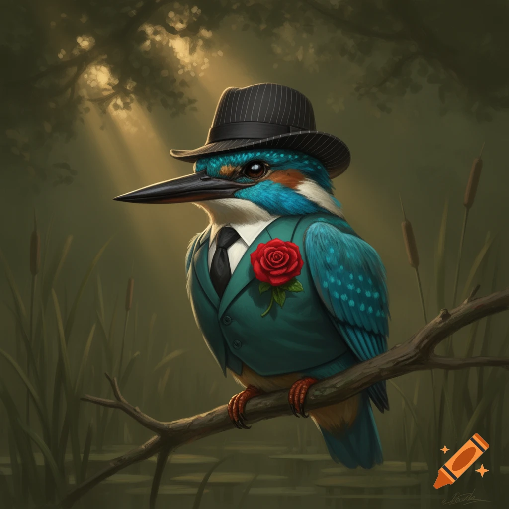 A kingfisher bird in a pinstripe fedora, teal suit with a red rose, and black tie perches on a branch in a misty forest with sunbeams.