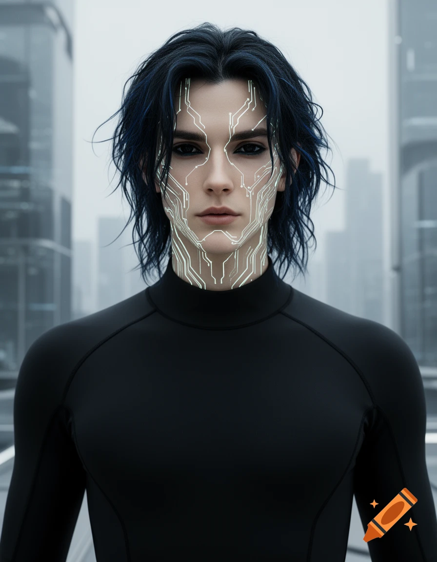 An androgynous humanoid with glowing circuitry on their face, dark eyes, messy black-blue hair, and a sleek black outfit, standing in a futuristic city.