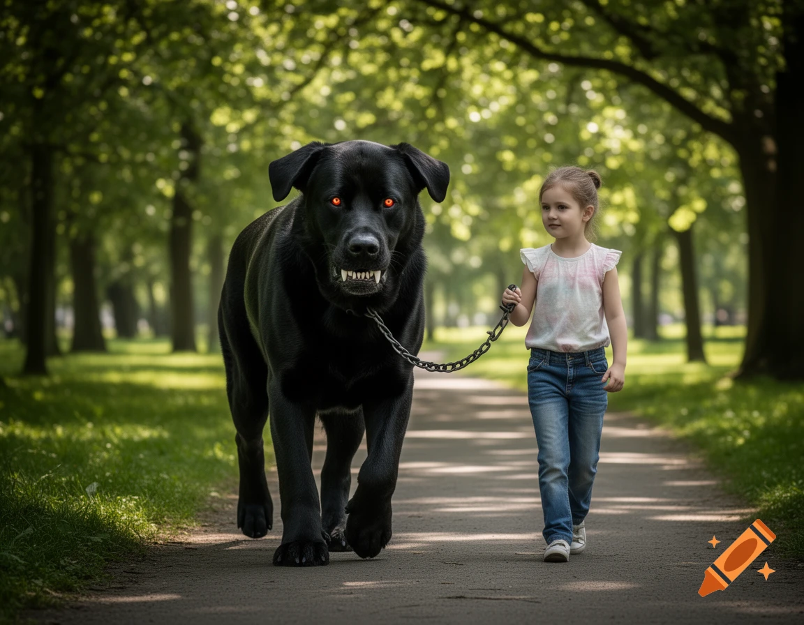 A young girl walks a giant black dog with glowing red eyes and bared teeth on a leash on a sunny park path.