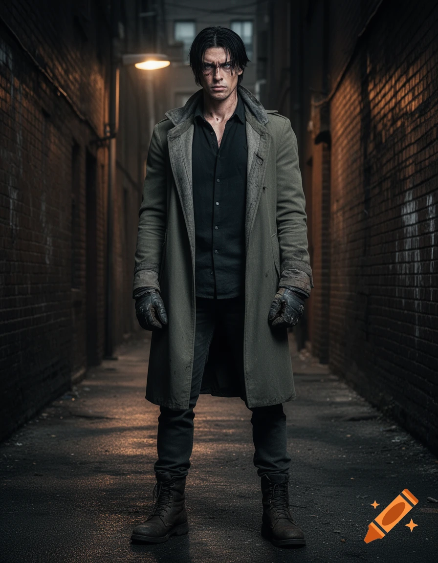 A stern man with dark hair and facial scars, wearing a trench coat and gloves, stands in a dark, wet alley.