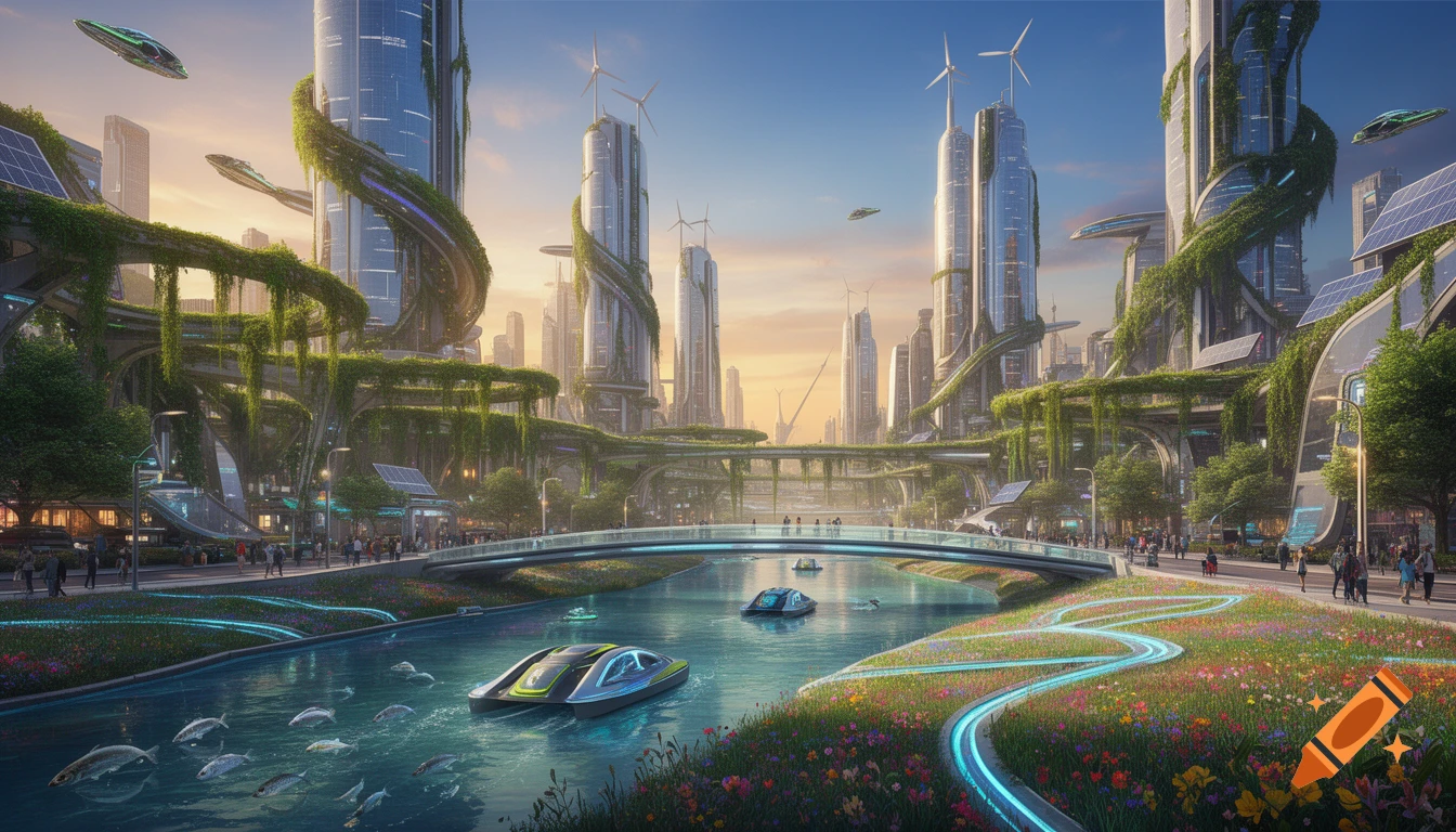 A vibrant solarpunk city with lush, vine-covered skyscrapers, wind turbines, and futuristic boats on a river, surrounded by wildflowers.