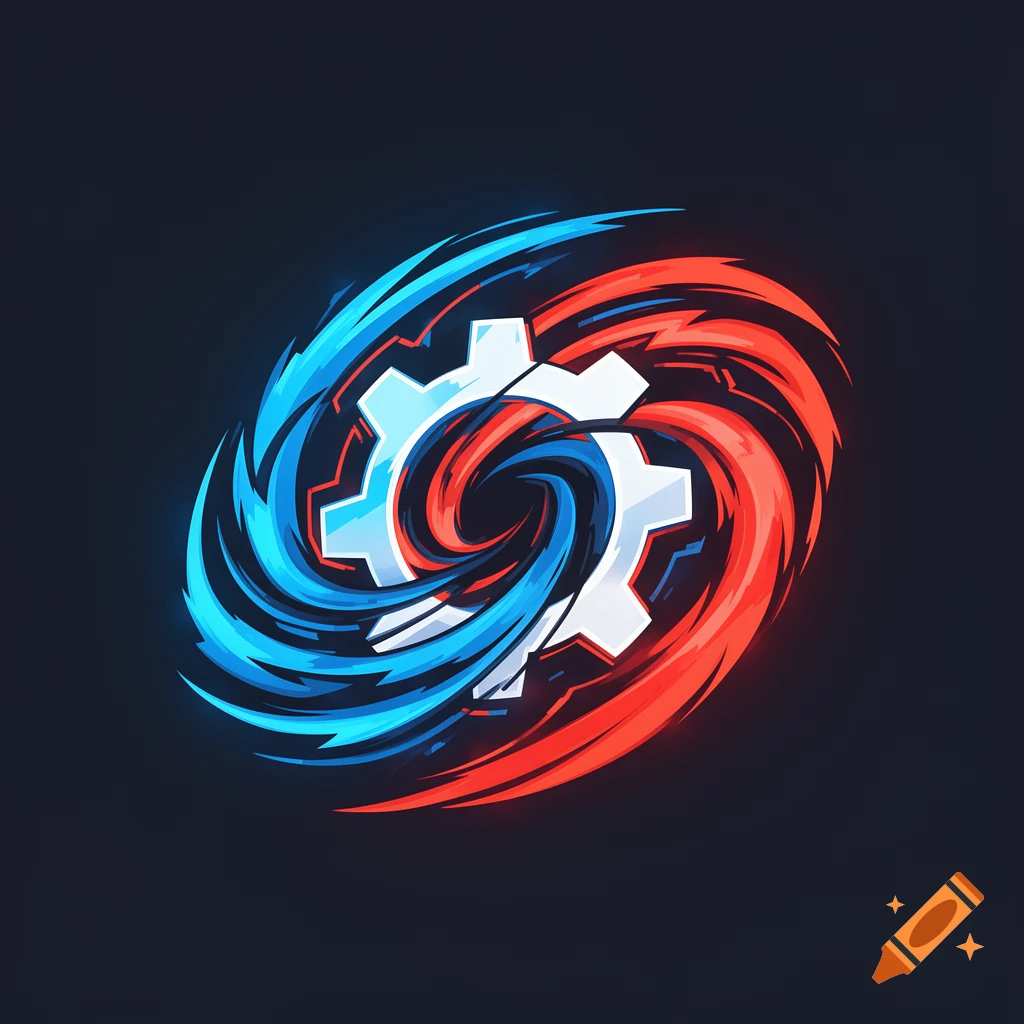 Stylized logo featuring two white interlocking gears with swirling blue and red energy streaks on a dark background.