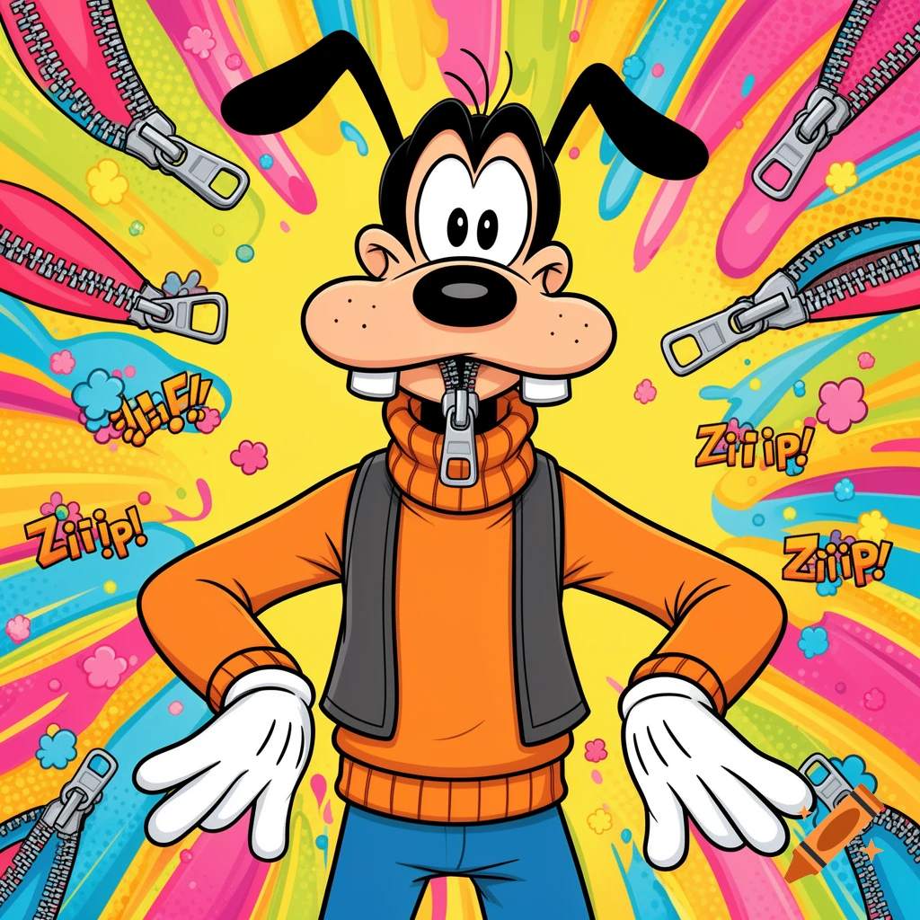 Goofy with a zipper over his mouth, standing in front of a colorful, radial background with floating zippers and sound effects.