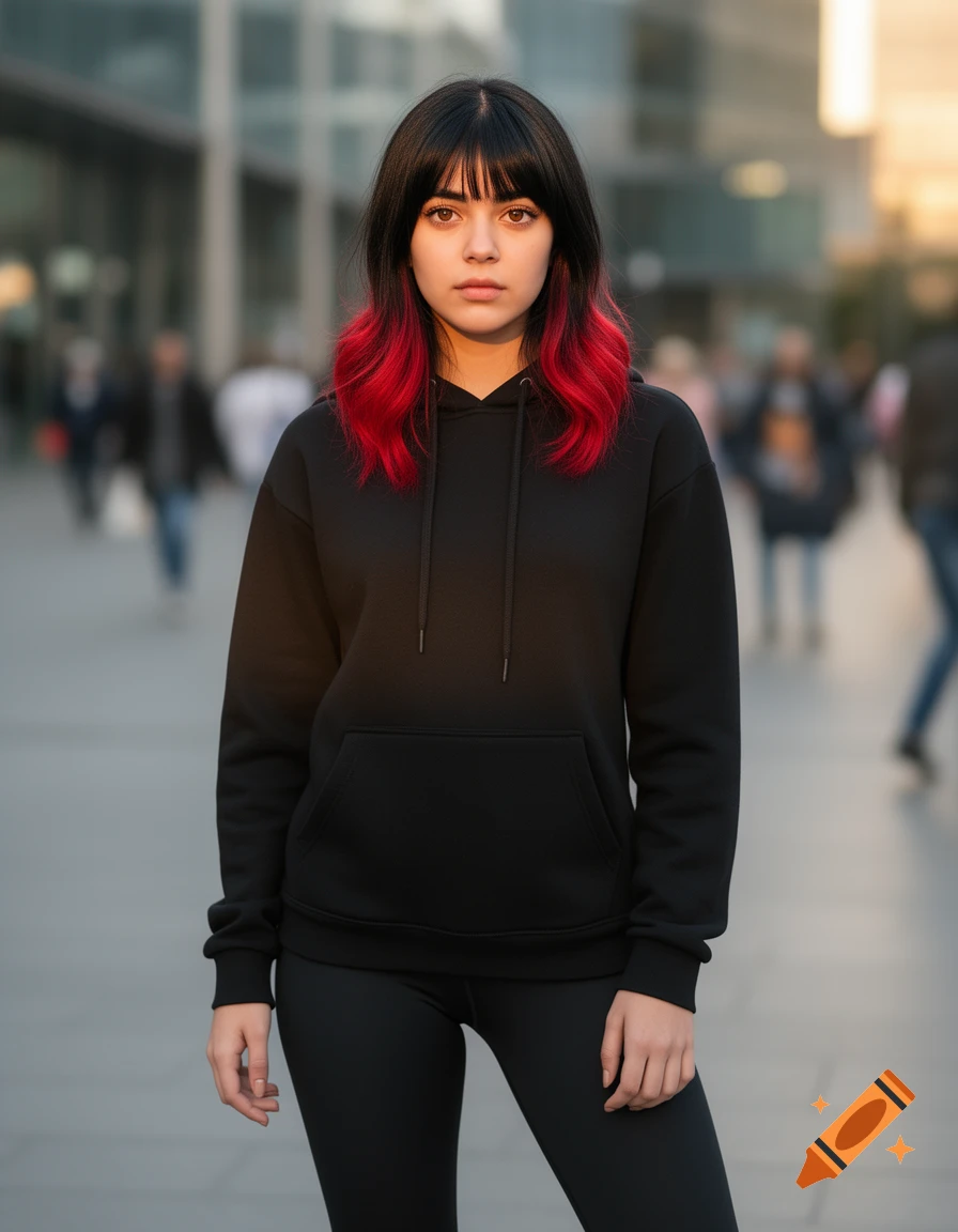 A young woman with black hair and red strands, brown eyes, wearing a black hoodie and leggings, stands in an urban setting.