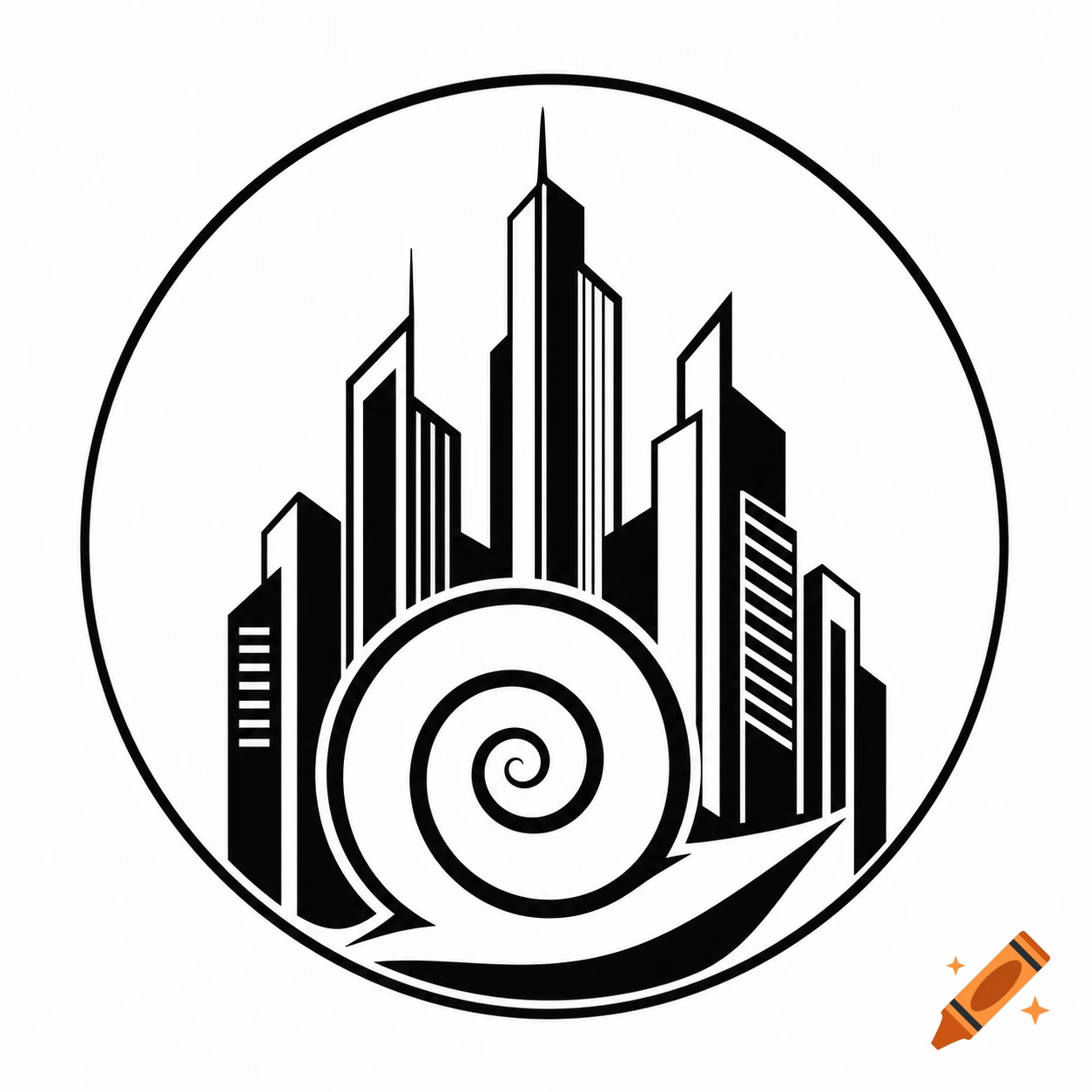 A black and white minimalist vector logo showing a city skyline behind a stylized snail shell, all within a thin circular frame.