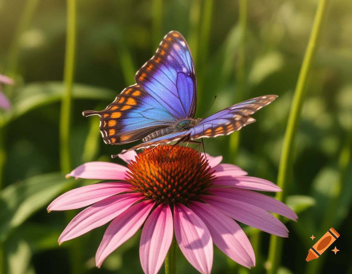 A vibrant blue and orange butterfly rests on a pink coneflower in a sunlit garden.