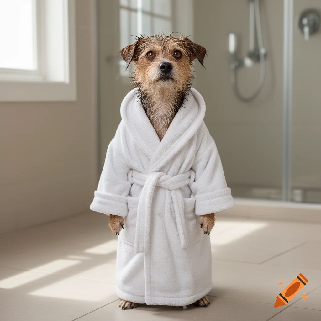 Wet dog in a white bathrobe stands in a bathroom, looking directly forward.
