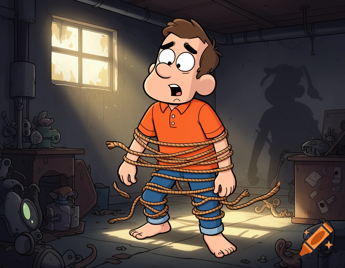 A cartoon boy with brown hair, an orange polo, and jeans, is tied up with ropes in a dimly lit basement.