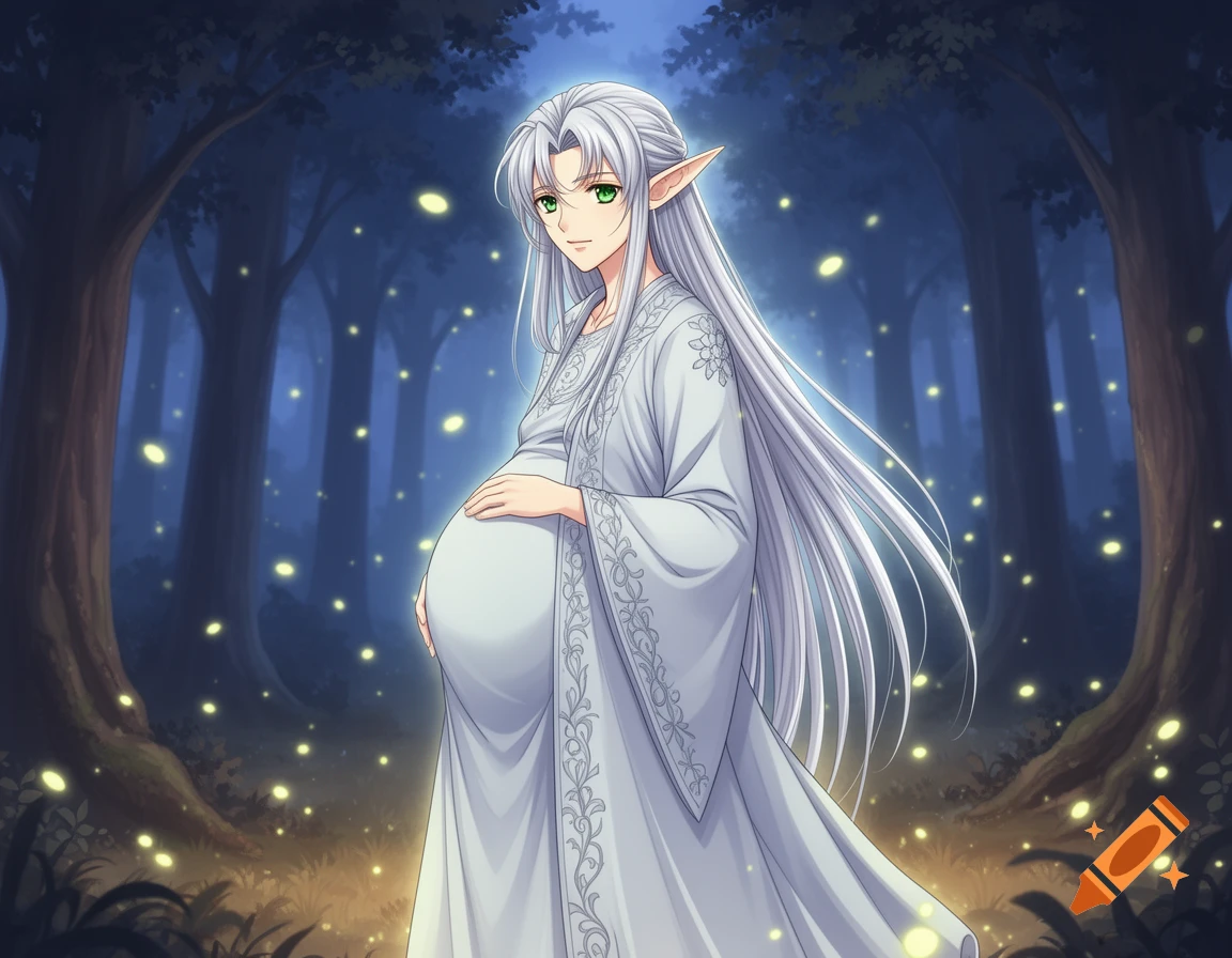 An anime-style male elf with long white hair and green eyes, heavily pregnant, stands in a mystical dark forest filled with glowing fireflies.