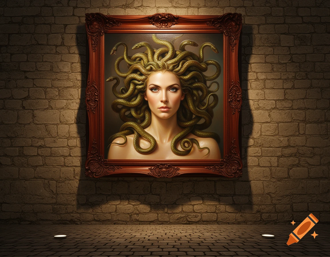 A framed painting of Medusa with snakes for hair, hanging on a brick wall in a dimly lit room, illuminated by spotlights.