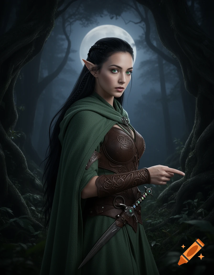 A female elf with long dark hair, green eyes, and pointy ears wears a green cloak and leather armor, pointing into a dark, moonlit forest.