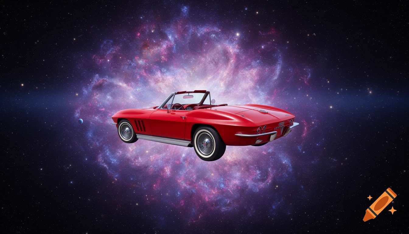 A vibrant red vintage convertible car floats against a backdrop of a colorful purple and blue nebula in deep space.