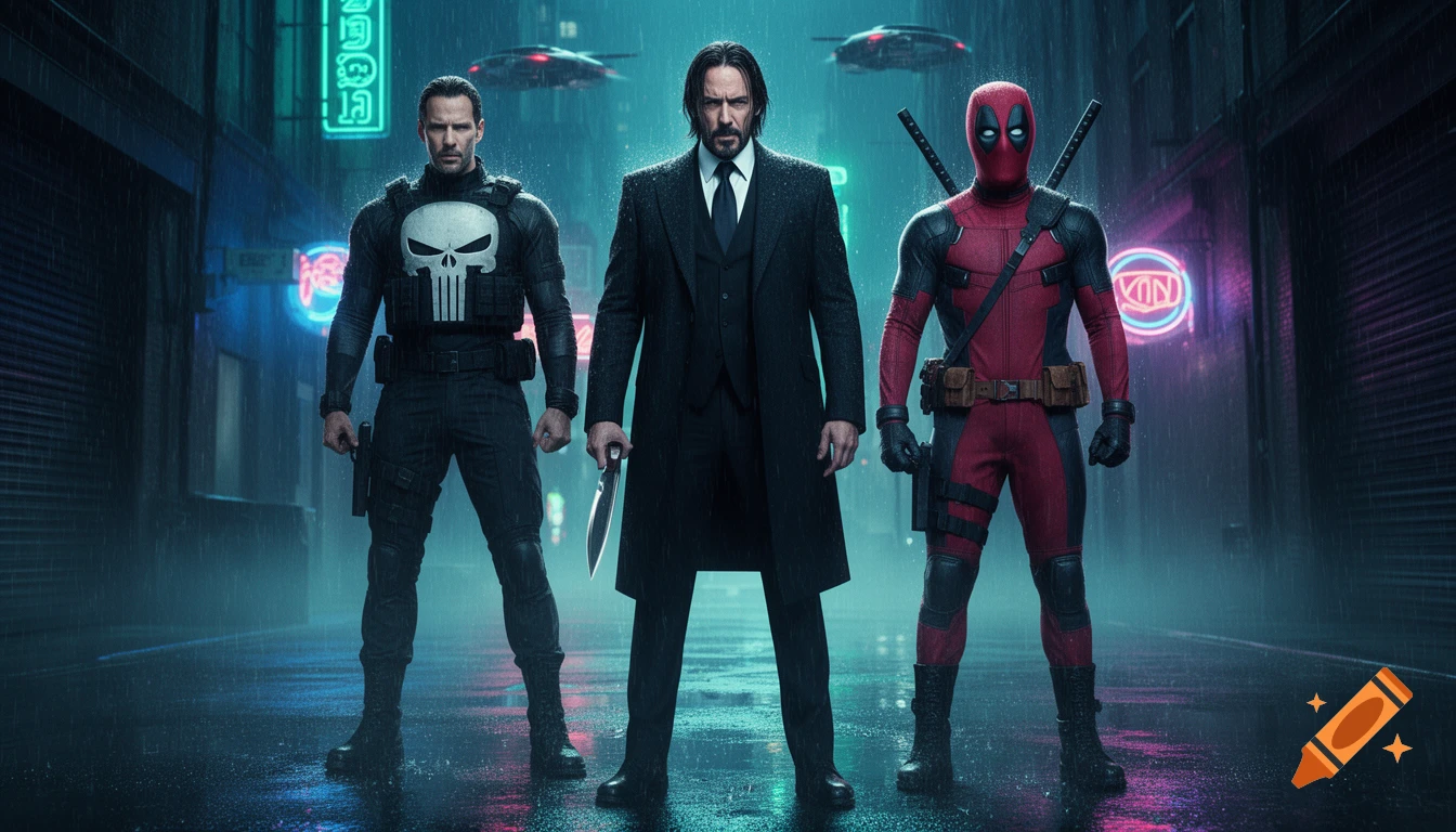 The Punisher, John Wick, and Deadpool stand together in a dark, rainy, neon-lit city alley at night in a photorealistic style.