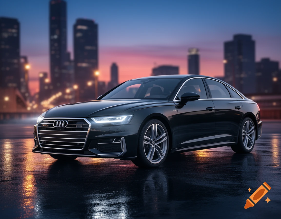 A dark Audi sedan is parked on a wet street with a blurred city skyline and a colorful sunset in the background.