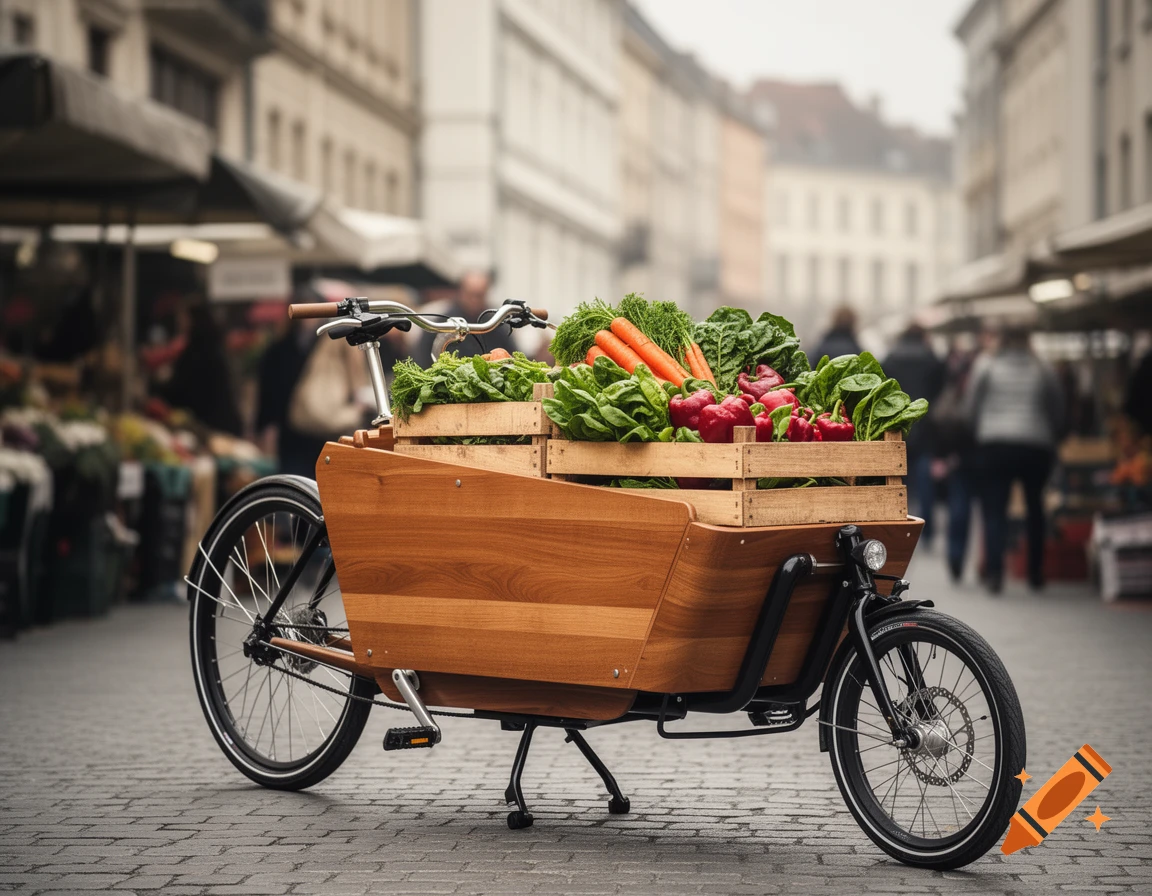 A wooden cargo bike filled with fresh carrots, spinach, and bell peppers, parked on a cobblestone street at an outdoor market.