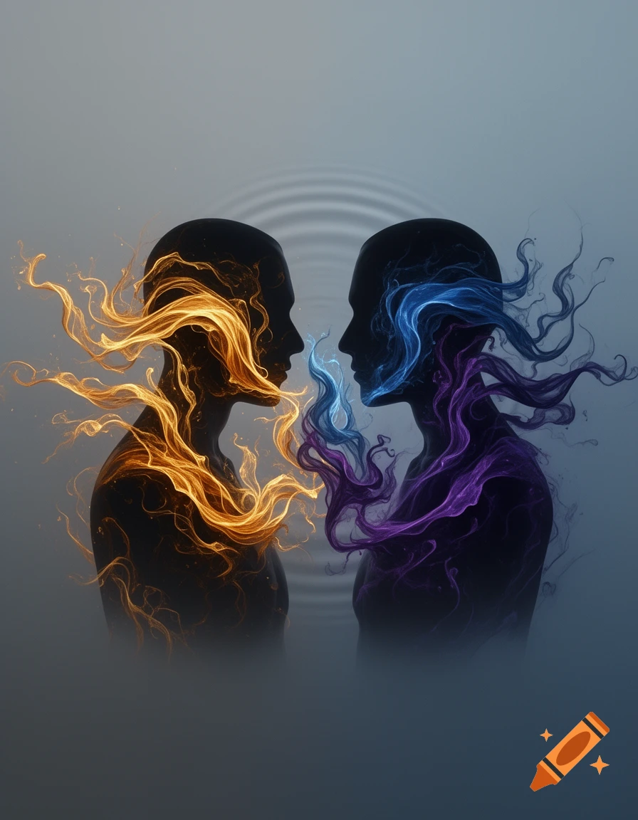 Two abstract human-like silhouettes facing each other, emitting intertwining golden, blue, and purple energy wisps.