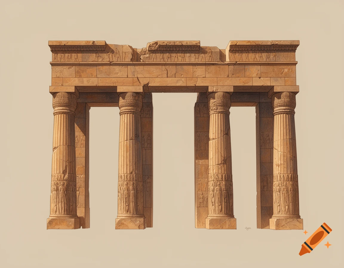 Detailed 2D hand-painted image of a weathered Achaemenid Persian stone gateway with monumental columns on a plain background.