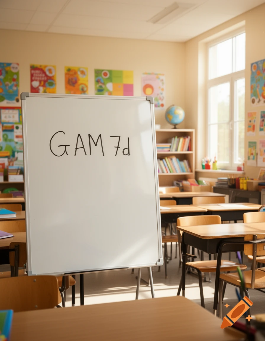 A classroom scene with 'GAM 7d' written on a whiteboard, surrounded by school desks and bookshelves.