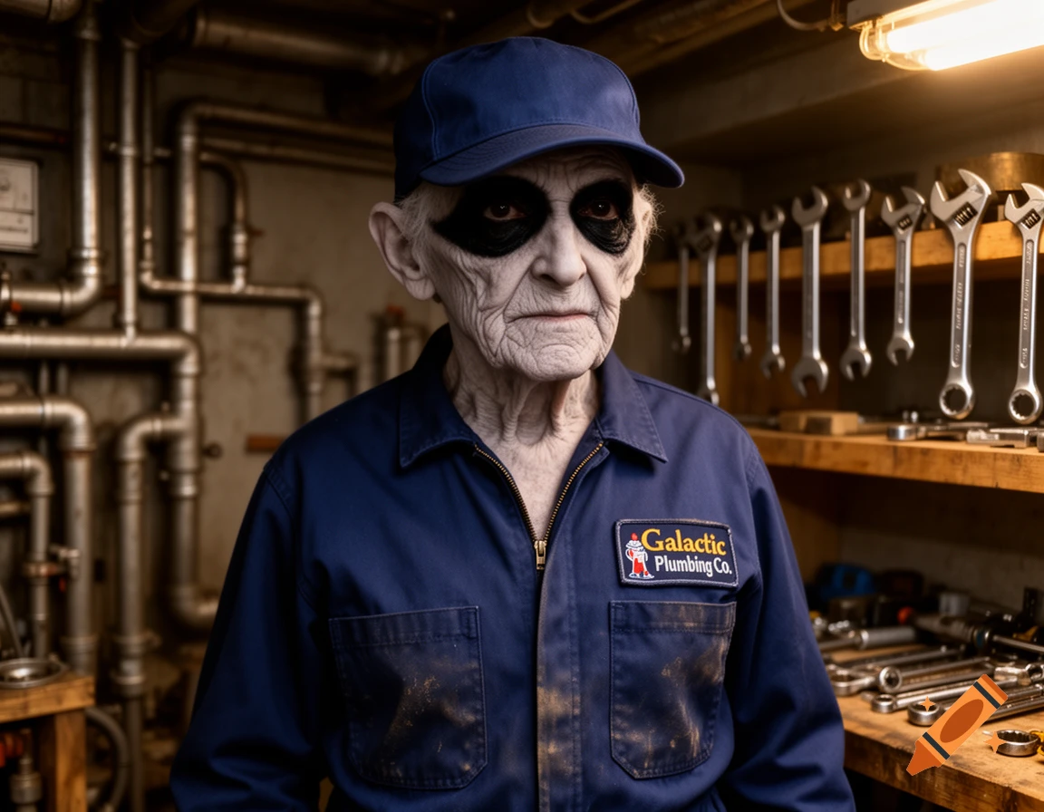 An eerie, pale-skinned old man in a blue plumber's uniform with a 'Galactic Plumbing Co.' patch stands in a cluttered workshop.
