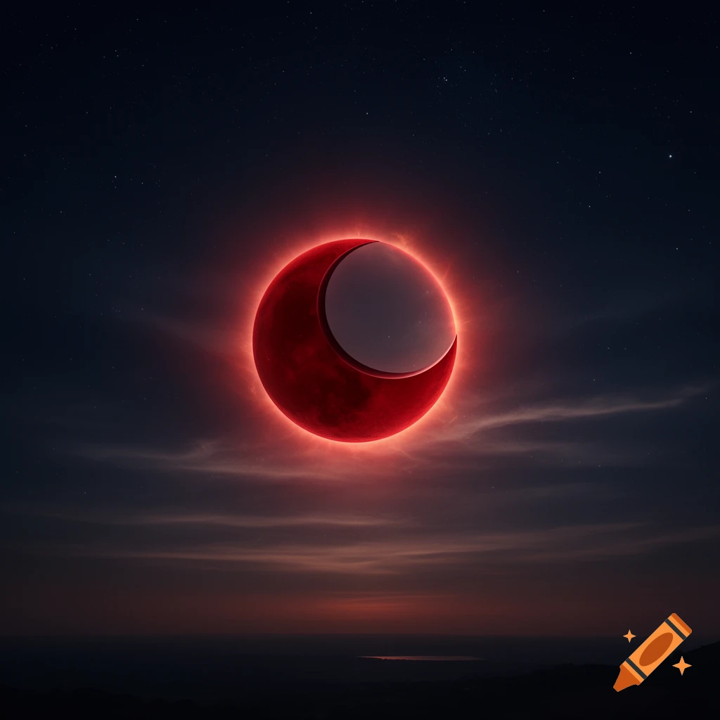 A glowing red crescent moon, resembling a stylized eclipse, in a dark, starry night sky with soft clouds over a distant horizon.