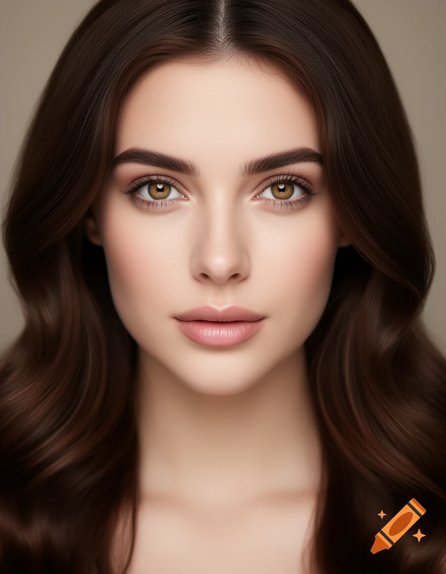 Photorealistic close-up portrait of a young woman with dark brown wavy hair, fair skin, and hazel eyes looking forward.