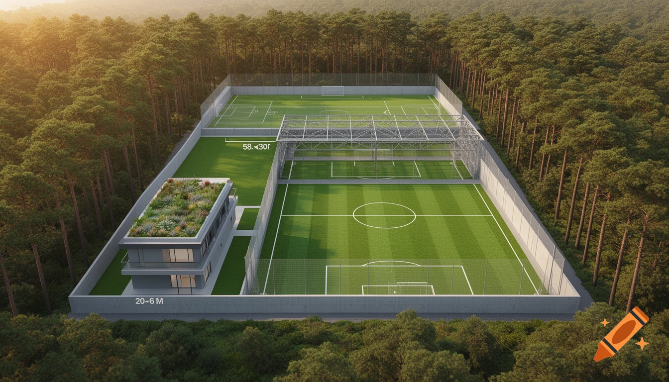 Photorealistic aerial view of a sports complex with two football fields, a modern building with a roof garden, and pine trees.