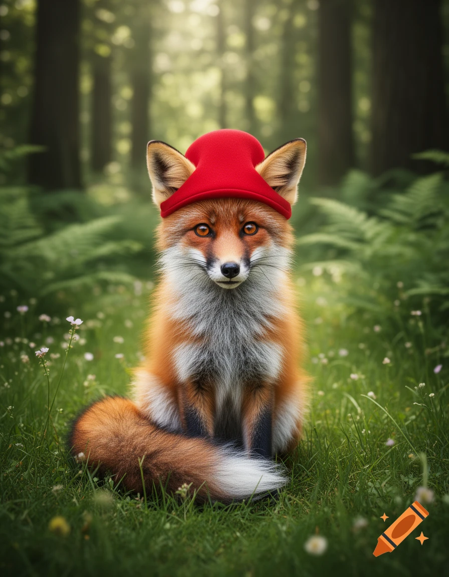 A cute red fox in a red gnome hat sits in a lush green forest clearing, looking forward.