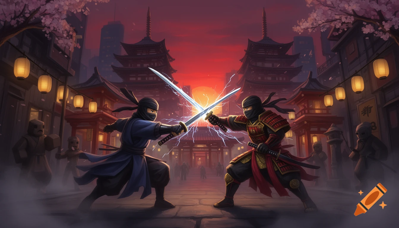 Two ninjas in traditional attire clash swords in a stylized Japanese city at sunset, with pagodas and cherry blossoms.