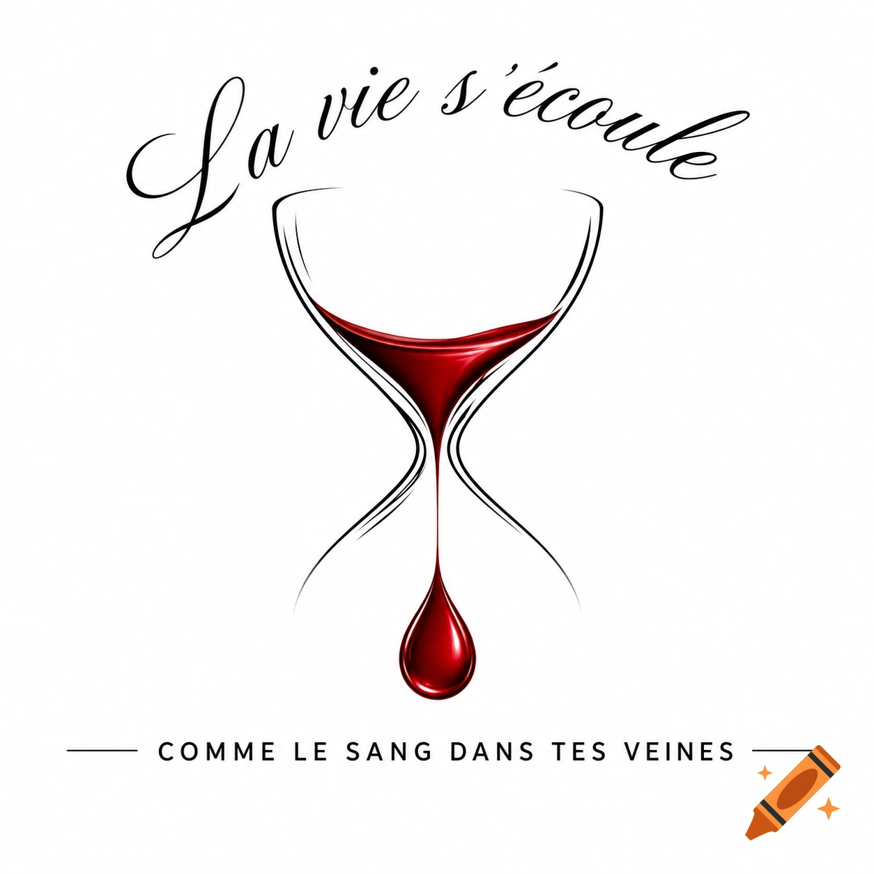 Minimalist logo with an hourglass, red liquid flowing, forming a blood drop, and French text.