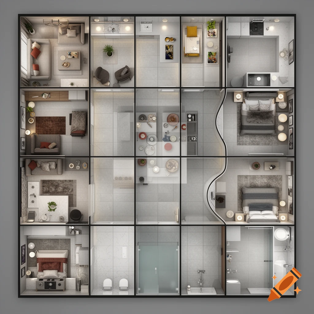 An overhead view of a detailed modern apartment floor plan, divided into multiple rooms with furniture and fixtures, resembling a board game layout.
