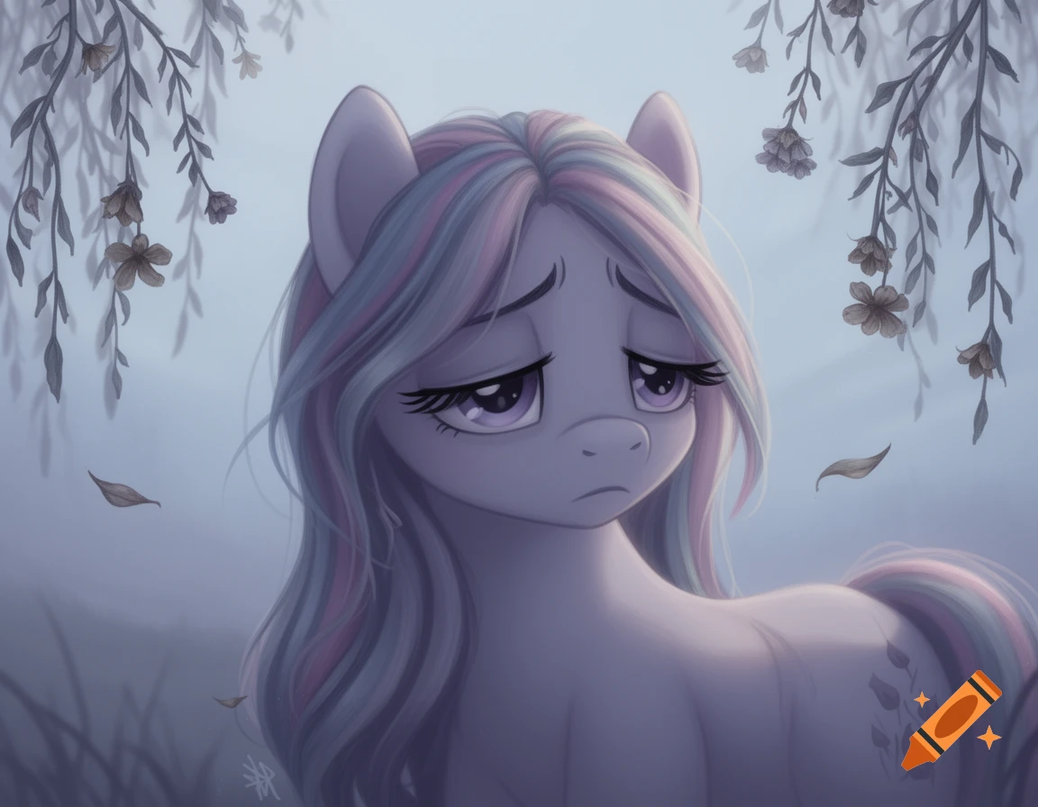 A sad, grayish-purple My Little Pony character with pastel rainbow hair looks down in a foggy setting with hanging vines and falling leaves.