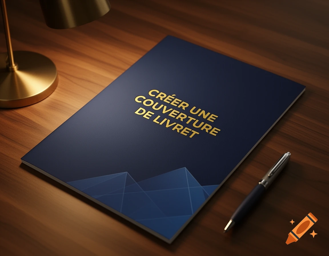 Dark blue book cover with gold text "CR ÉER UNE COUVERTURE DE LIVRET" on a wooden desk with a pen and lamp, photorealistic.