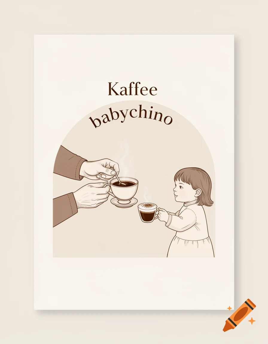 Minimalist illustration of adult hands stirring coffee, offering it to a smiling child holding a babychino, with text "Kaffee babychino".