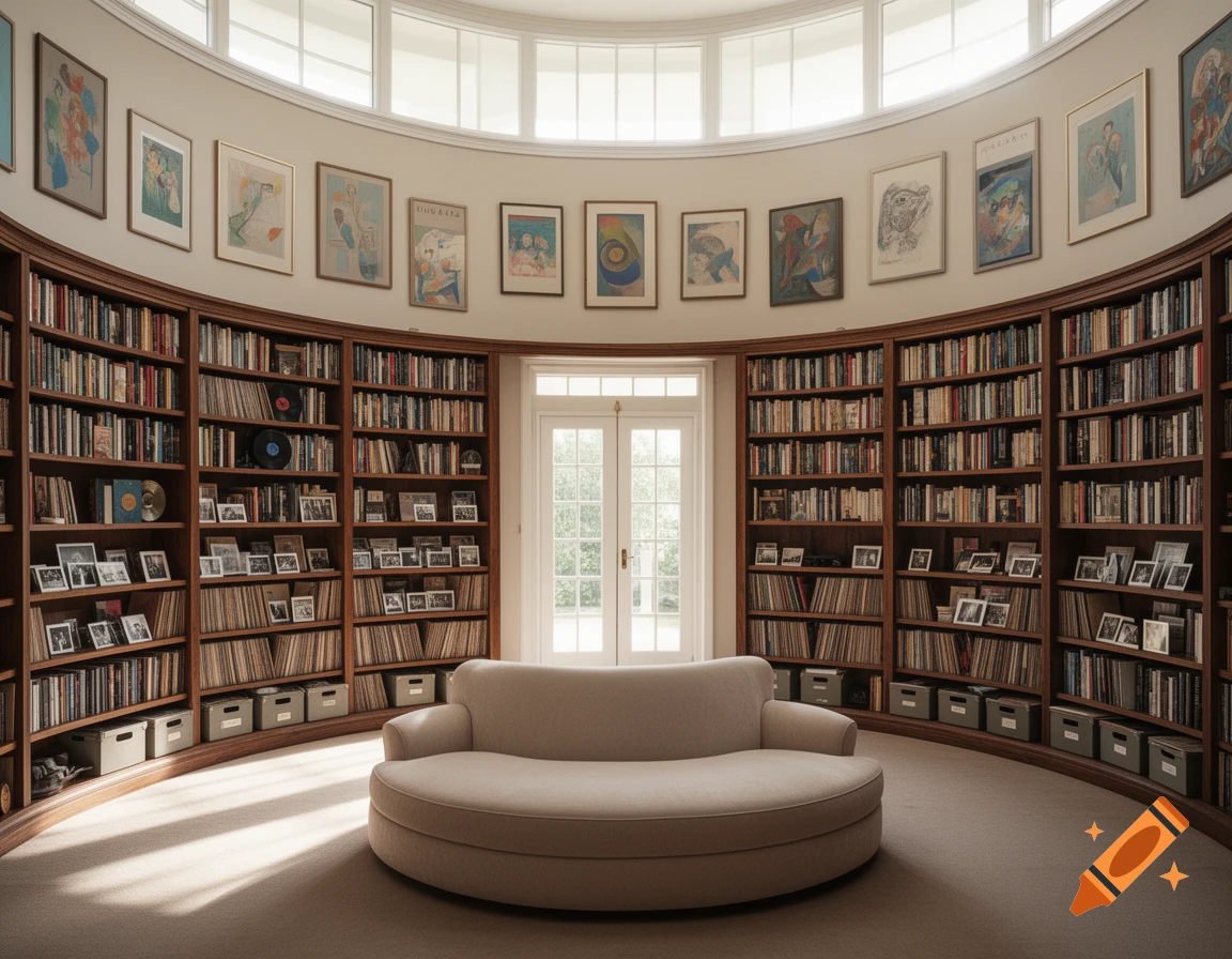 A round library with tall wooden bookshelves, a central round sofa, framed art, and bright windows.