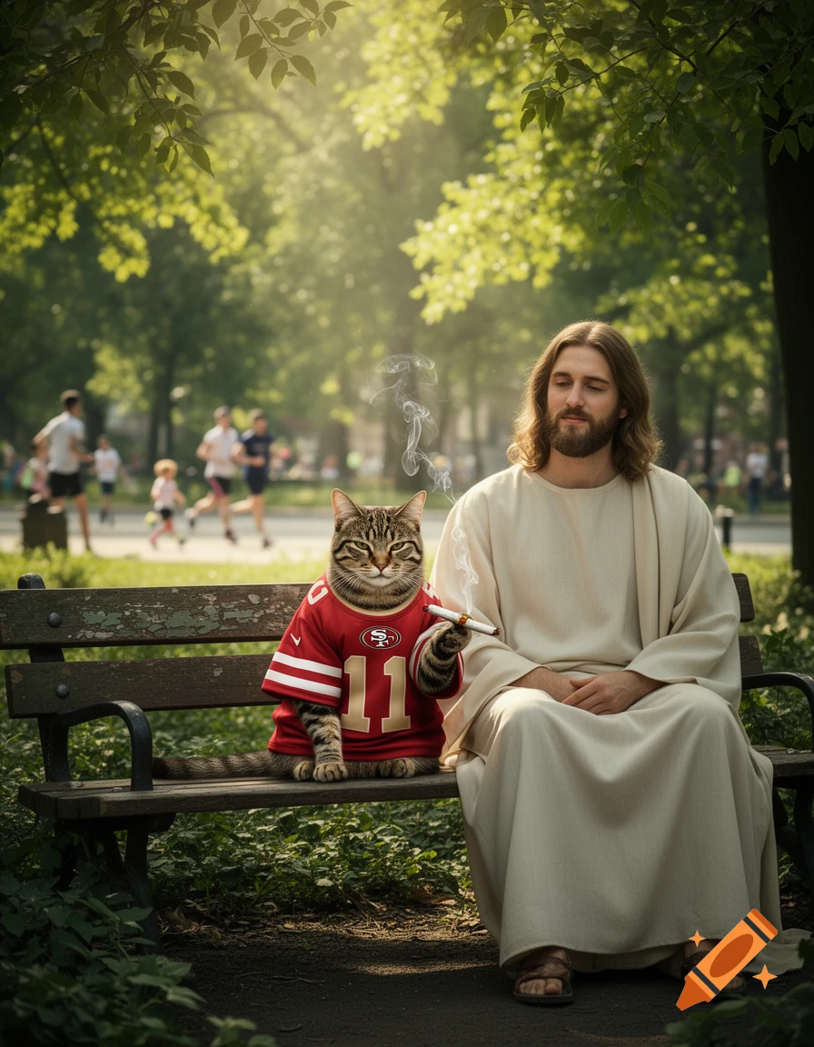 Jesus sits on a park bench next to a tabby cat wearing a San Francisco 49ers jersey, who is smoking a joint. Photorealistic style.