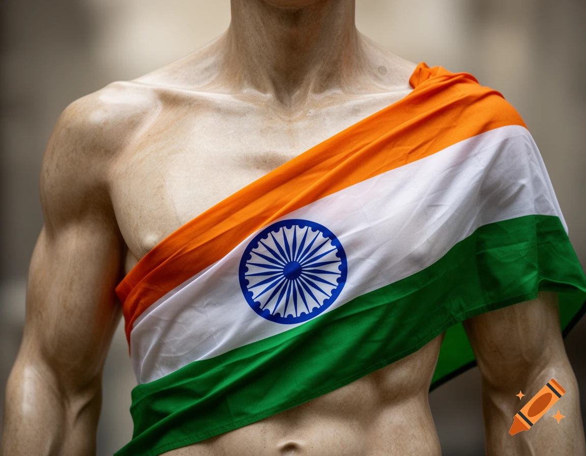 Close-up of a muscular, bare-chested statue or mannequin draped with the Indian flag diagonally across its torso.