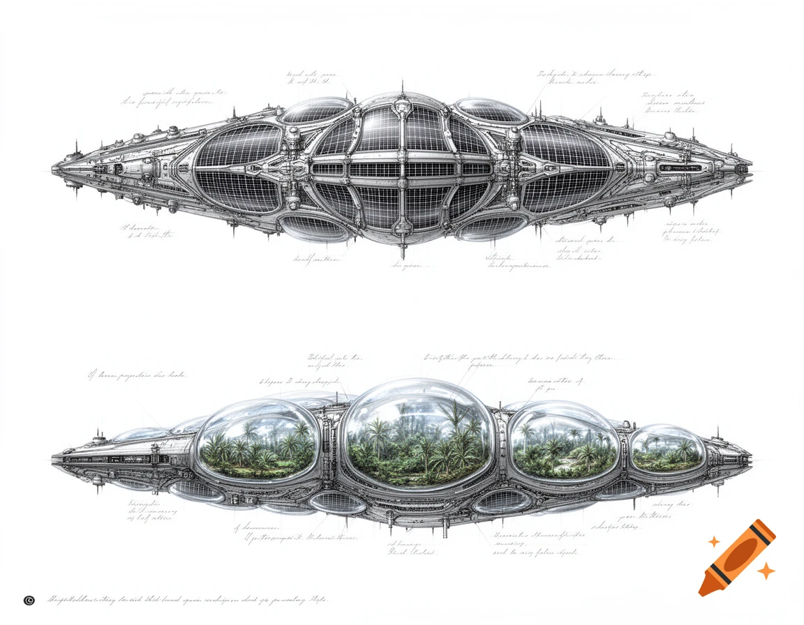 Two technical hand drawings of a futuristic space colony ship. The top view shows the ship's exterior, while the bottom view reveals lush jungles within its glass domes.
