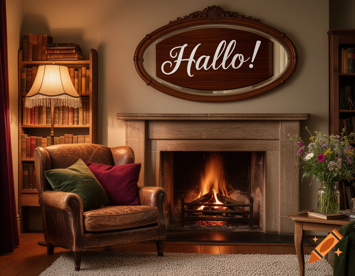 A cozy living room with a lit fireplace, a brown leather armchair, bookshelves, and a mirror above the mantle displaying "Hallo!".