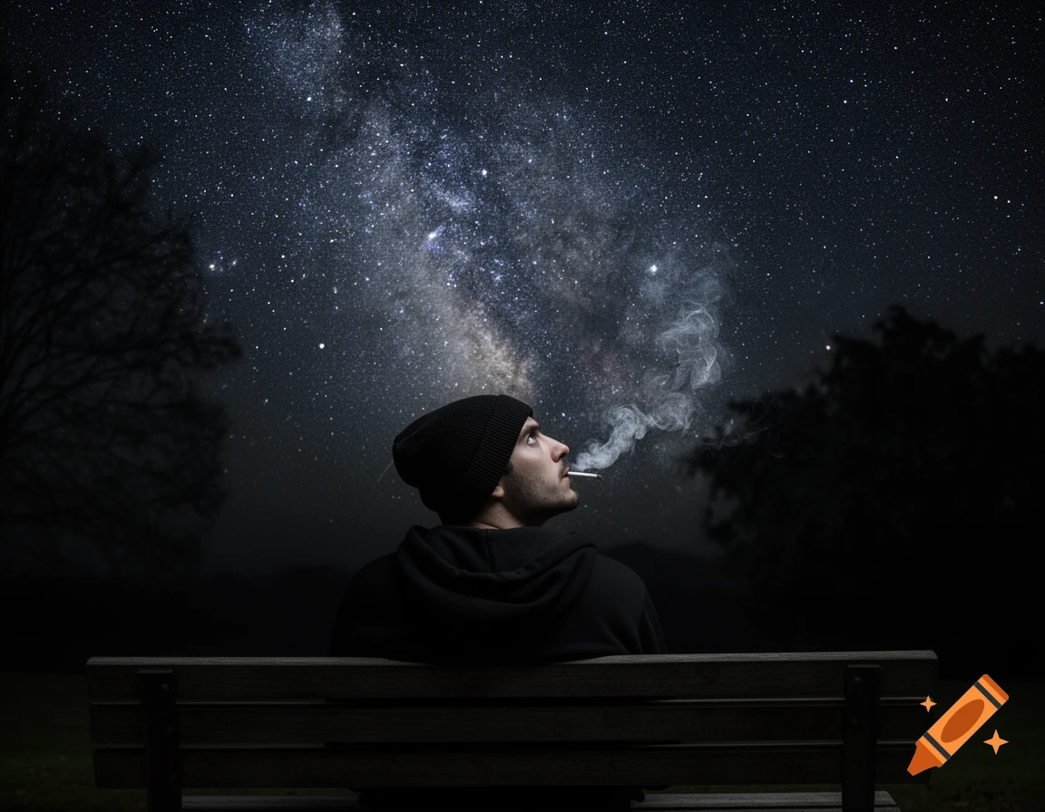Photorealistic image of a man in a beanie and hoodie smoking a cigarette on a park bench, looking up at a starry night sky with the Milky Way.