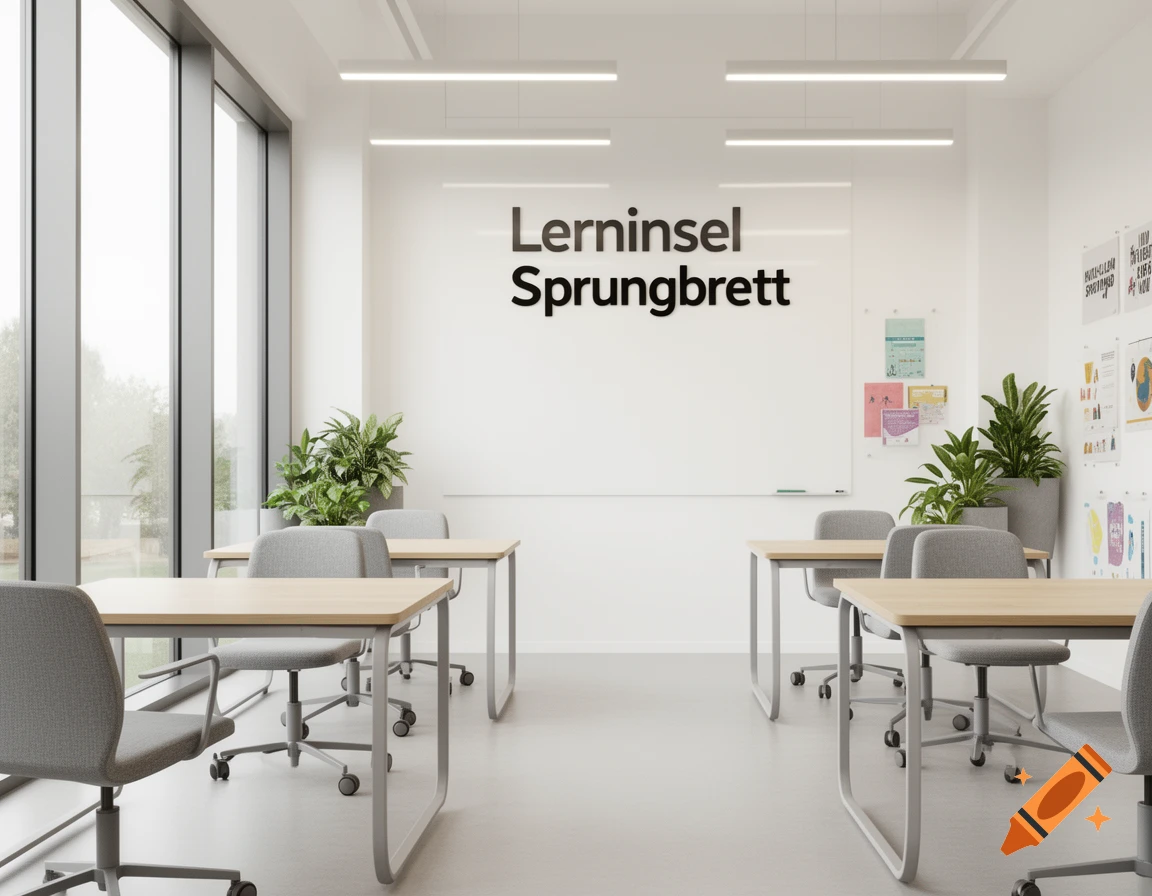 Bright, modern classroom or office with wooden desks, grey chairs, potted plants, and a whiteboard displaying 'Lerninsel Sprungbrett'.